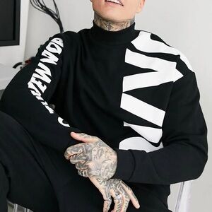 Black Graphic Mock Neck Sweater with White Print